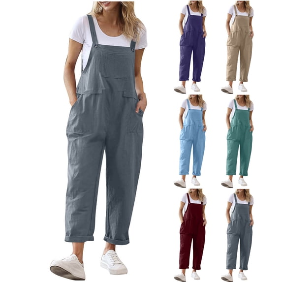 Hueook Denim Jumpsuit for Women Womens Fashion Summer Solid Pocket Casual Sleeveless Suspender Jumpsuit Wine S