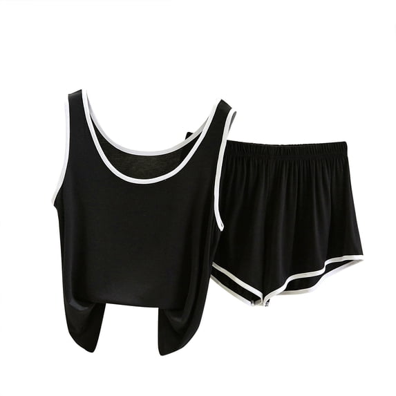 Hueook Womens Flannel Pajamas Sets Women Fashion Loose Suspender Short Pants Home Service Suit Black L