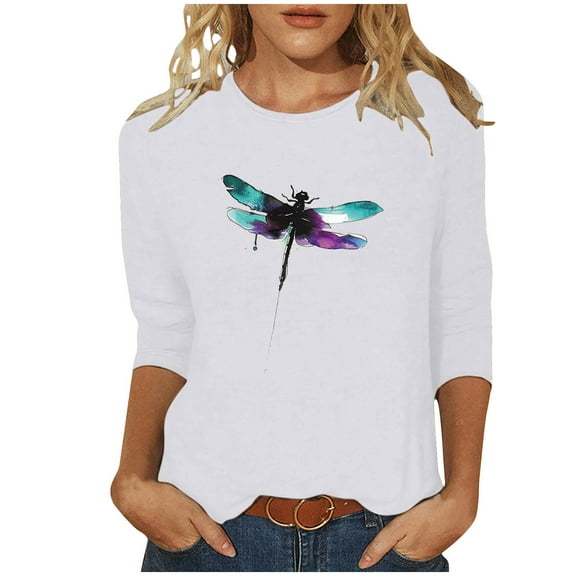 Hueook Womens Flannel Shirt White T Shirts for Women Ladies' Easter Day Printed Round Neck Three Quarter Sleeve 3/4 Sleeve T-shirt Loose White 2X