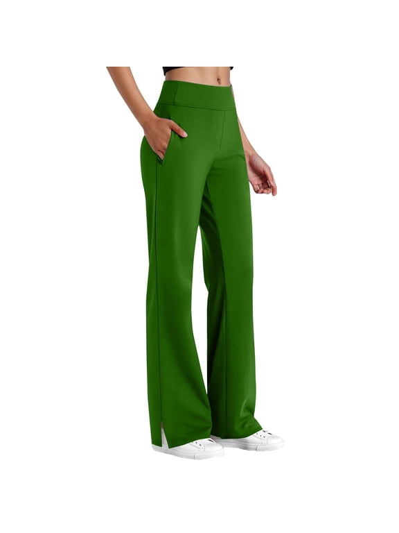 Womens Flare Pants Split Hem Leggings with Pockets Workout Seamless Bootcut Yoga Pants High Waist Pilates Outfits Athletic Sport Casual Elastic Waist Button Pockect Yoga Pants Green 3X