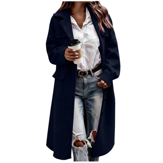 Hueook Womens Fleece Jacket Lady's Fashion Lapel Solid Color Woolen Pocket Long-sleeve Button Cardigan Coat Top Dark Blue L