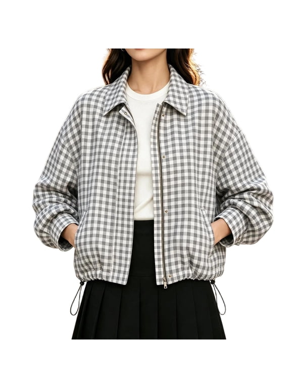 Womens Gingham Shirt Jacket Long Sleeve Button Down Shacket Fall Winter Casual Coat with Pockets Gray M