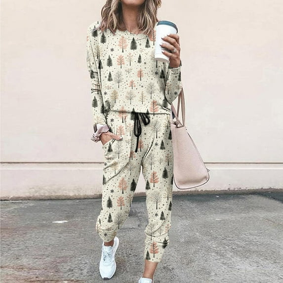 Hueook Womens Halloween Pajamas Cotton Pajamas for Women Women's Classic Print Long Sleeve Sport Pullover and Pants Set Multicolor L