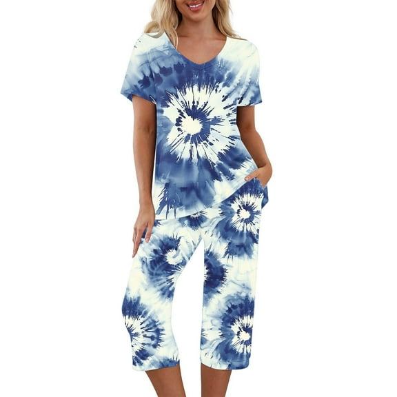 Hueook Womens Holiday Outfit Women's Solid Color V Neck Lace Splicing Short Sleeve Sleepshirt and Pants Sets Loungewear Pajamas with Pockets Blue M