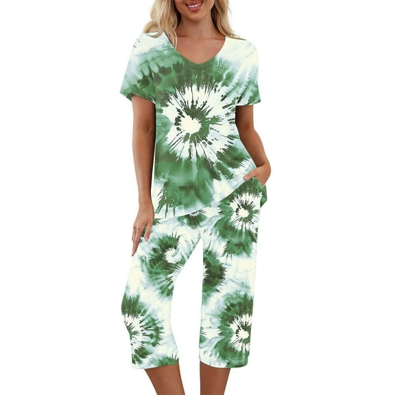 Hueook Womens Holiday Outfit Women's Solid Color V Neck Lace Splicing Short Sleeve Sleepshirt and Pants Sets Loungewear Pajamas with Pockets Green 2X