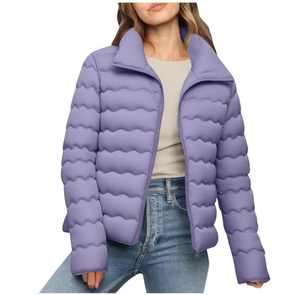 Hueook Womens Jacket Cropped Jacket Women Women's Casual Fashion Solid Color Fall/Winter Zipper Long Sleeved Parkas Coat Tops Purple 5X