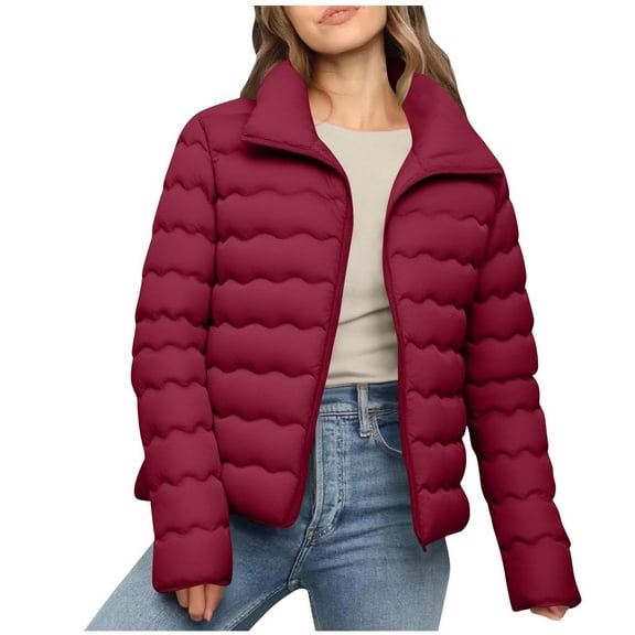 Hueook Womens Jacket Cropped Jacket Women Women's Casual Fashion Solid Color Fall/Winter Zipper Long Sleeved Parkas Coat Tops Red M