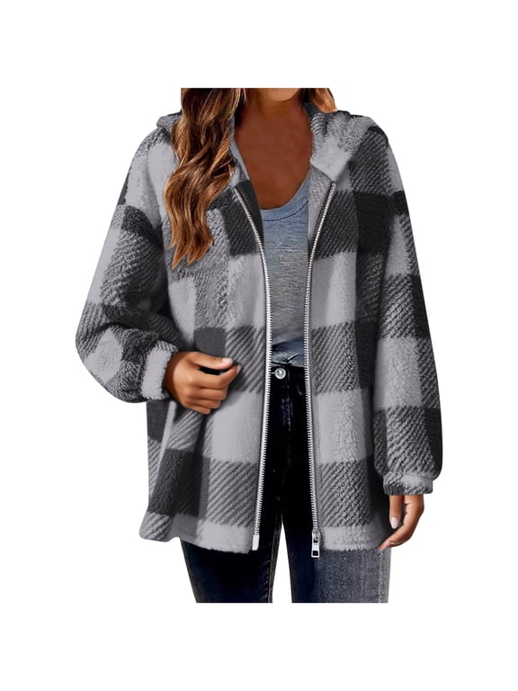 Womens Jacket Fashion Women's Warm Winter Zipper-Neck Casual Long Sleeve Hooded Plaid Coat Outwear Gray 3X