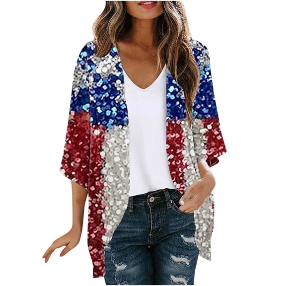 Hueook Womens Jacket Ladies' Cardigan Independence Day Printed Spring and Summer Long Sleeved Printed Multicolor XL