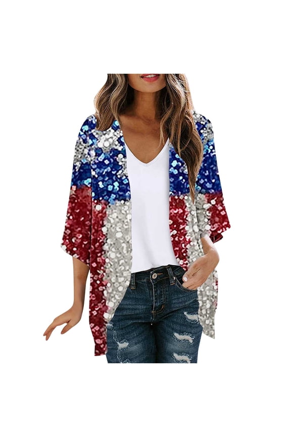 Womens Jacket Ladies' Cardigan Independence Day Printed Spring and Summer Long Sleeved Printed Multicolor XL