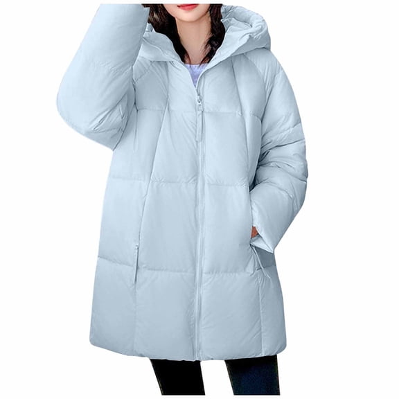 Hueook Womens Jacket Women's Fashionable Solid-color Hooded Pocket Long-sleeved Zipper Thickened Fleece Casual Jacket Light Blue L