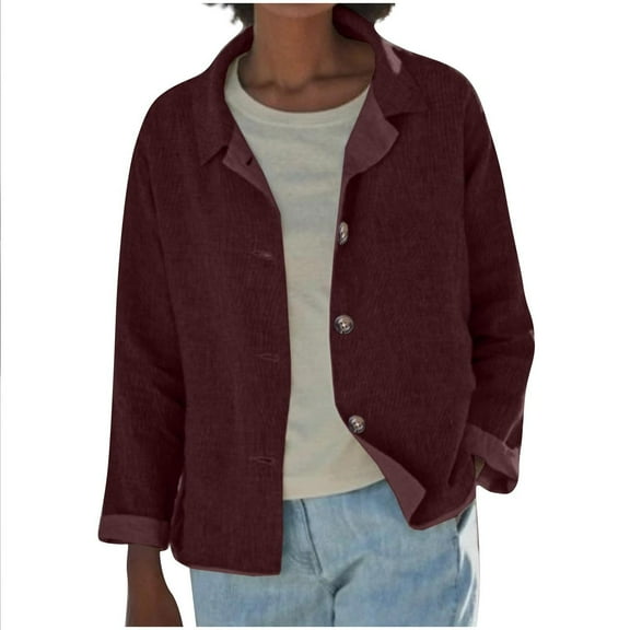 Hueook Womens Jacket Women's Solid Color Long Sleeved Hooded Turndown Collar Button Casual Outwear Wine M
