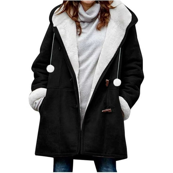 Hueook Womens Jackets Fall Women Winter Plus Size Solid Plus Velvet Coat Long Sleeve Horn Buckle Pocket Overcoat Black S