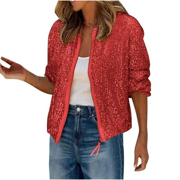 Hueook Womens Jackets Plus Size Winter Coats for Women Women's Casual Hoodless Long-Sleeved Sequin Jacket Red L
