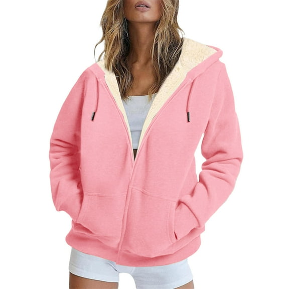 Hueook Womens Jackets Women's Solid Color Zipper Long Sleeve Casual Fleece Hooded Pocket Coat Pink S