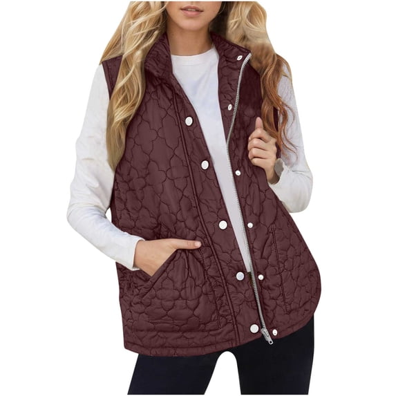 Hueook Womens Jackets Womens Ladies Winter Vests Sleeveless Fleece Jacket Zip Up Stand Collar Long Warm Drawstring Coat with Pockets Outerwear Wine M