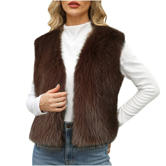 Hueook Womens Jean Jacket Womens Ladies Warm Faux Furry Coat Jacket Winter Solid Round Neck Outerwear Wine S