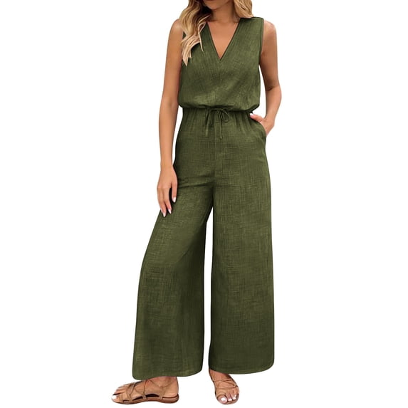Hueook Womens Jumpsuit for Women Casual Casual Sleeveless V-neck Wide-leg with Pockets Drawstrin Pants Green M