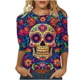 thumbnail image 1 of Hueook Womens Long Sleeve T Shirts Ladies' Day Of The Dead Printed Round Neck Three Quarter Sleeve 3/4 Sleeve T-shirt Loose Top Long Sleeved Round Neck Top/shirt Multicolor L, 1 of 5