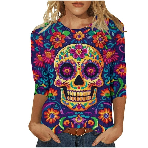 Hueook Womens Long Sleeve T Shirts Ladies' Day Of The Dead Printed Round Neck Three Quarter Sleeve 3/4 Sleeve T-shirt Loose Top Long Sleeved Round Neck Top/shirt Multicolor M