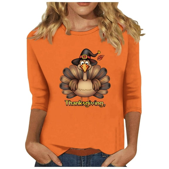 Hueook Womens Long Sleeve T Shirts Short Sleeve Shirts for Women Women's Thanksgiving Printed Round Neck 3/4 Sleeve T-shirt Loose Top Long Sleeve Round Neck Top/Shirt Orange XL