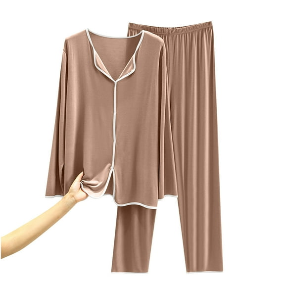 Hueook Womens Pajamas Cotton Pajamas for Women Women's Spring and Fall Solid Color V-neck Large Size Loose Thin Elastic Waist Pajama Set Khaki 3X