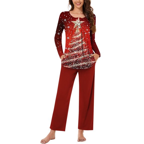 Hueook Womens Pajamas Winter Pajamas for Women Women Fashionable Christmas Printed Round Neck Button Up Long Sleeved Pants Pajama Set Red 3X