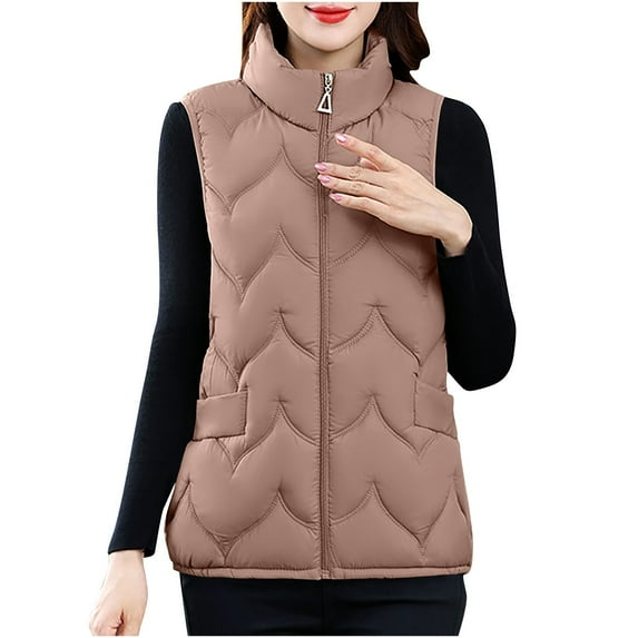 Hueook Womens Puffer Vest Women's Sleeveless Solid Color Warm Casual Jacket without Hat Pockets Coffee 5X
