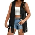 thumbnail image 1 of Hueook Womens Puffer Vest Women's Solid Fringe Faux Suede Rivets Sleeveless Tassel 70s Tops Jacket Western Outfits Black 3X, 1 of 8