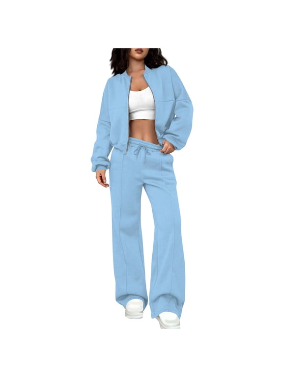 Womens Sets 2 Piece Outfits Women Fashionable Solid Color Zippered Cardigan Sweater Casual Straight Leg Pants Set Sky Blue XL
