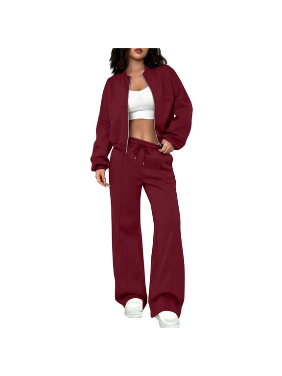 Womens Sets 2 Piece Outfits Women Fashionable Solid Color Zippered Cardigan Sweater Casual Straight Leg Pants Set Wine 2X