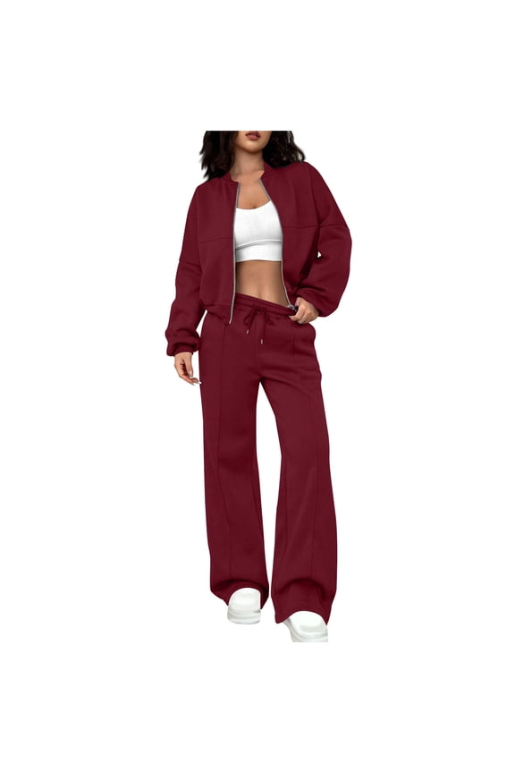 Womens Sets 2 Piece Outfits Women Fashionable Solid Color Zippered Cardigan Sweater Casual Straight Leg Pants Set Wine 3X
