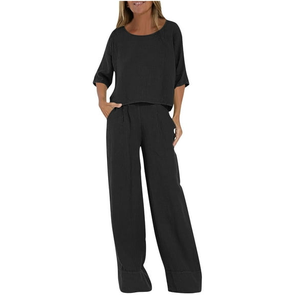 Hueook Womens Sets 2 Piece Outfits Women's Casual Loose Solid Color Short-sleeved Trousers Suit Black 4X
