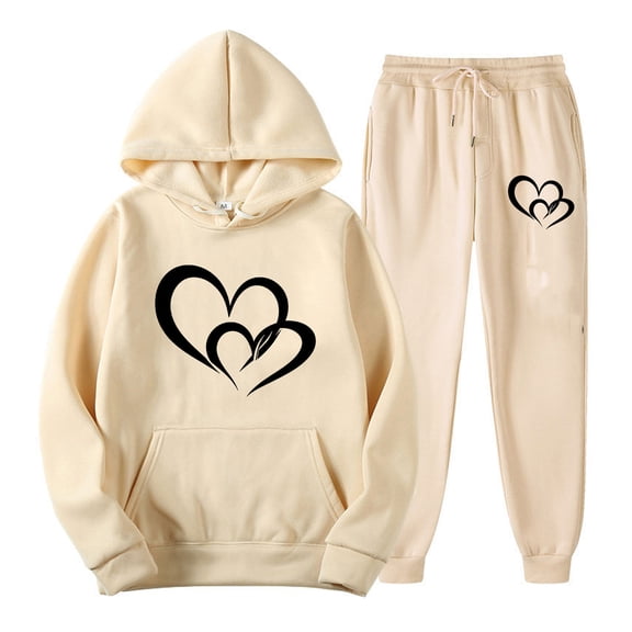 Hueook Womens Sets 2 Piece Outfits Women's Valentine's Day Print Fall/Winter Hoodie Sweatpants Long Sleeve Hoodie Set Suits Beige 2X