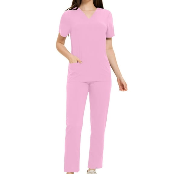 Hueook Womens Sets 2 Piece Outfits Womens Pocket Wash Clothes Short Sleeved Elastic Drying Nurse Work Clothes Pink L