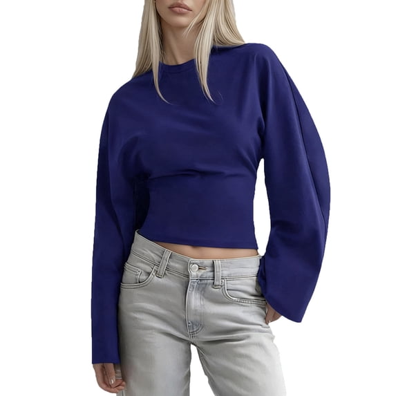 Hueook Womens Shirts Henley Women Crew Neck Solid Color Regular Shoulder Wide - Sleeve Waist - Cinched Casual Cropped Long - Sleeve Top Blue L