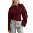 thumbnail image 1 of Hueook Womens Shirts Henley Women Crew Neck Solid Color Regular Shoulder Wide - Sleeve Waist - Cinched Casual Cropped Long - Sleeve Top Wine S, 1 of 9
