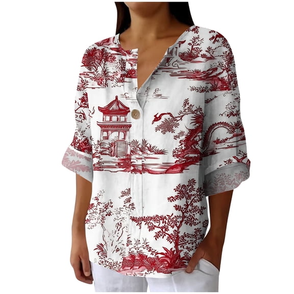 Hueook Womens Shirts Women's Imitation Linen Long Sleeved Button V-neck Shirt Fashionable and Loose Women's Top White 3X