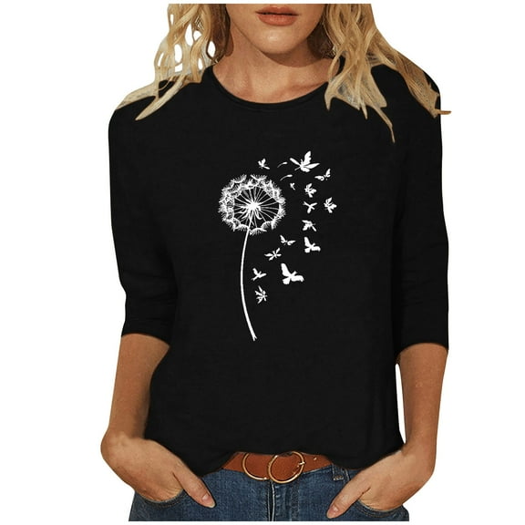 Hueook Womens Shirts Womens Long Sleeve Shirts Ladies' Easter Day Printed Round Neck Three Quarter Sleeve 3/4 Sleeve T-shirt Loose Black 2X