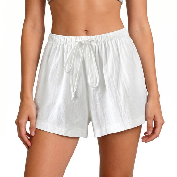 Hueook Womens Shorts Cotton Bermuda Shorts Linen ladies Shorts Elastic Waist Drawstring Casual Loose Summer Shorts White 3X