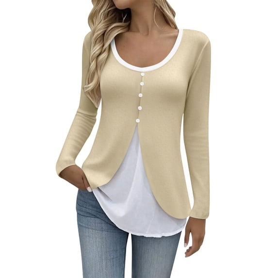 Hueook Womens Spring Tops Oversized Peplum Tops Women's Long Sleeve Top Temperament Splicing Fake Two-piece Long Sleeved T-shirt Fashionable Waist Cinching and Basic Shirt Beige L
