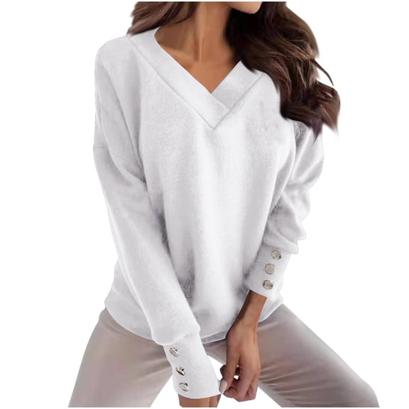 Hueook Womens Sweater Crop Sweater for Women Womens Casual Color Blocked Blouses Long Sleeved Round Neck Top/shirts White XL