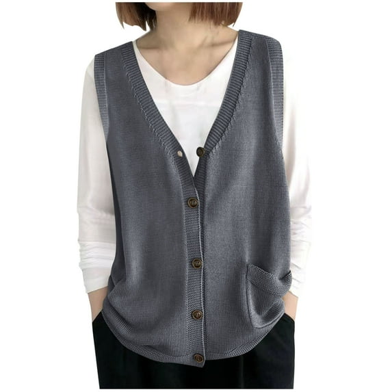 Hueook Womens Sweater Vest Fleece Vest Women Ladies' Spring and Winter Solid Color V-neck Button Knitted Sleeveless Tank Top Loose Hooded Gray Free Size