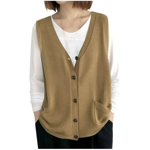 Hueook Womens Sweater Vest Fleece Vest Women Ladies' Spring and Winter Solid Color V-neck Button Knitted Sleeveless Tank Top Loose Hooded Khaki Free Size