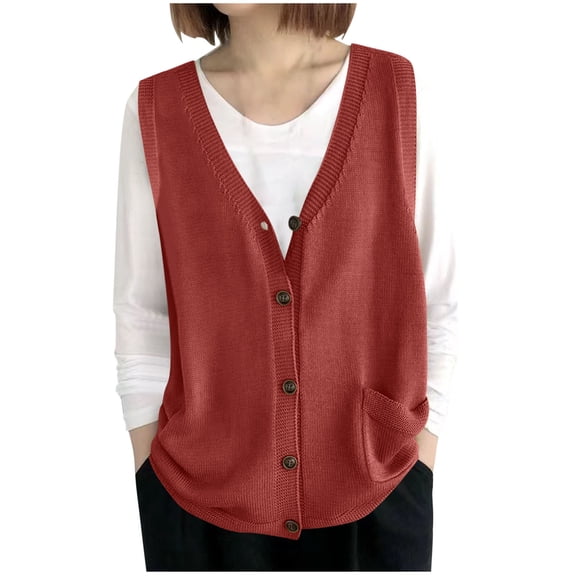Hueook Womens Sweater Vest Fleece Vest Women Ladies' Spring and Winter Solid Color V-neck Button Knitted Sleeveless Tank Top Loose Hooded Red Free Size