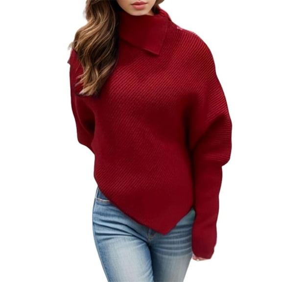 Hueook Womens Sweaters Burgundy Sweater for Women Women's Irregular High Neck Button Shirt Knitted Shawl Top Red S