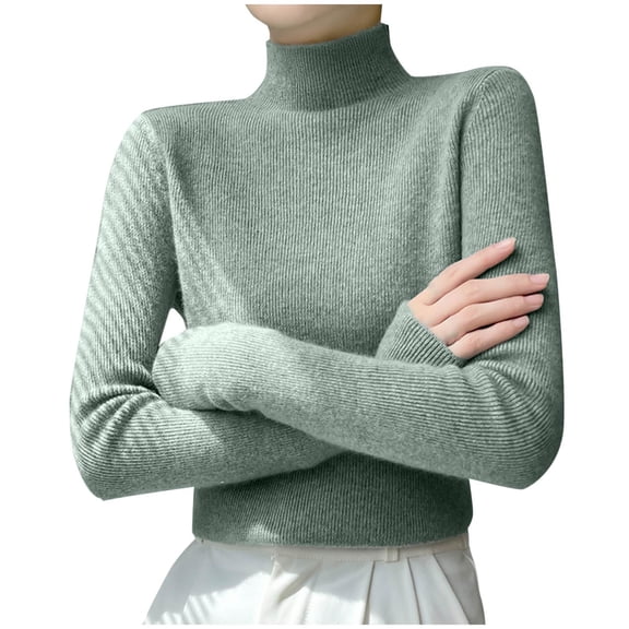 Hueook Womens Sweaters Clearance Sale Wool Sweater Women Fashion Women's Casual Semi High Neck Solid Color Loose Base Knitted Sweater Mint Green L