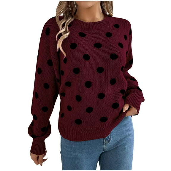Hueook Womens Sweaters Clearance Sale Wool Sweater Women Women's Round-Neck Long Sleeve Knit Sweater Blouse Wine M