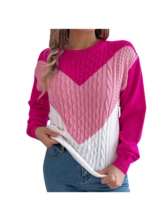 Womens Sweaters Clearance Sale Wool Sweater Women Women's Solid Color Long Sleeve Round Neck Sweater Pink XL