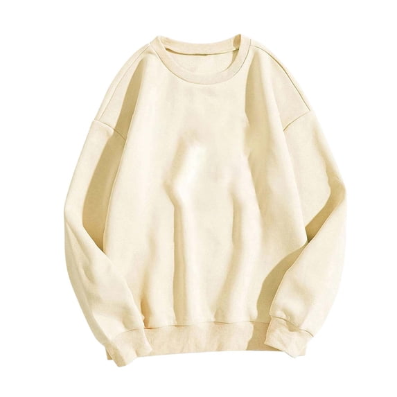 Hueook Womens Sweatshirts No Hood Crew Neck Long Sleeve Solid Color Casual Pullover Top Basic Sweatshirt Beige XL
